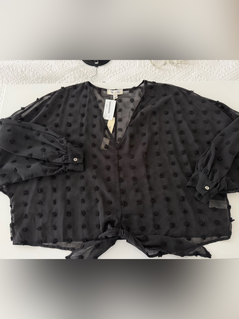 She + Sky Black Swiss Dot Tie-Front Blouse